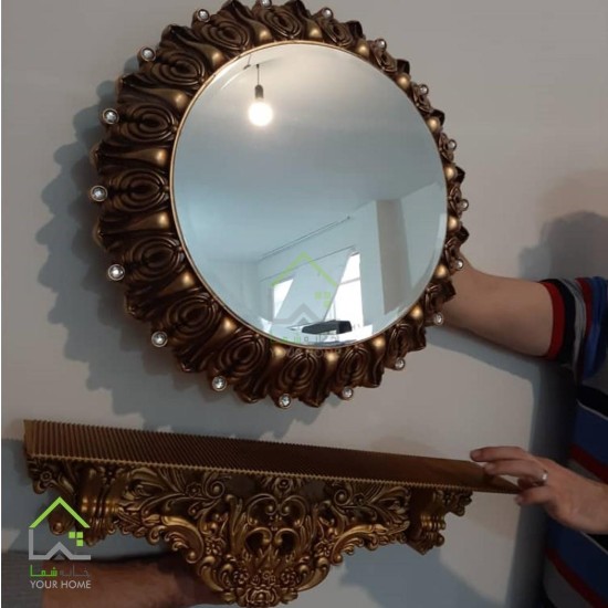 تصویر آینه گرد طلایی دیواری