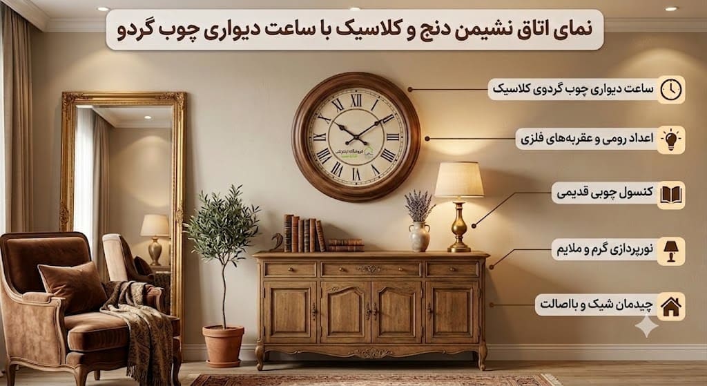 ساعت دیواری کلاسیک چوبی با اعداد رومی بالای کنسول چوبی