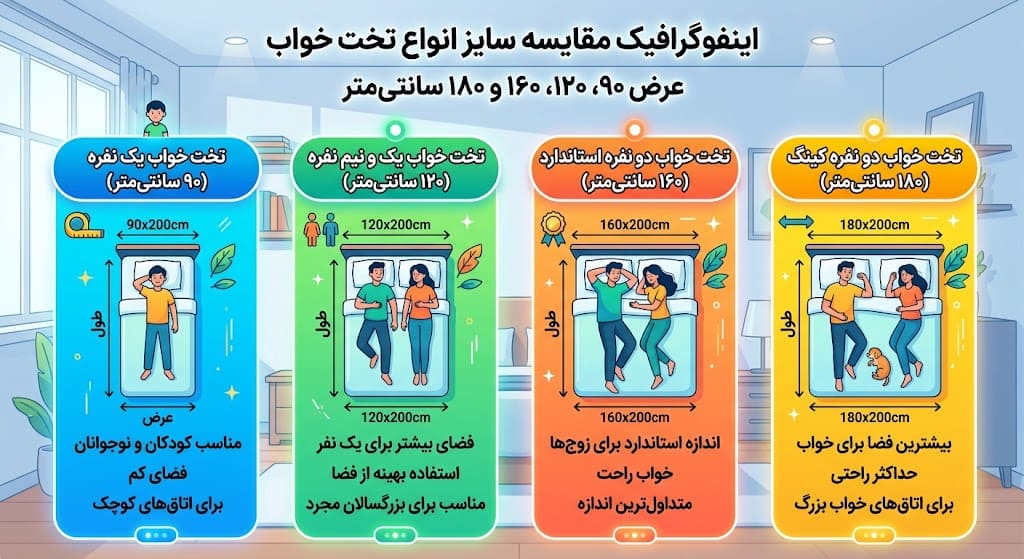 اینفوگرافیک مقایسه سایز انواع تخت خواب عرض ۹۰، ۱۲۰، ۱۶۰ و ۱۸۰ سانتیمتر